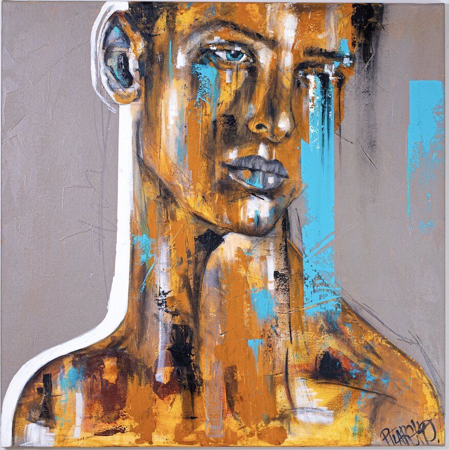 Agua Sucia 1, contemporary figurative painting by PilarchoArt: a female face and shoulders in ochre and orange tones over a warm grey ground, with turquoise drips and geometric accents.
