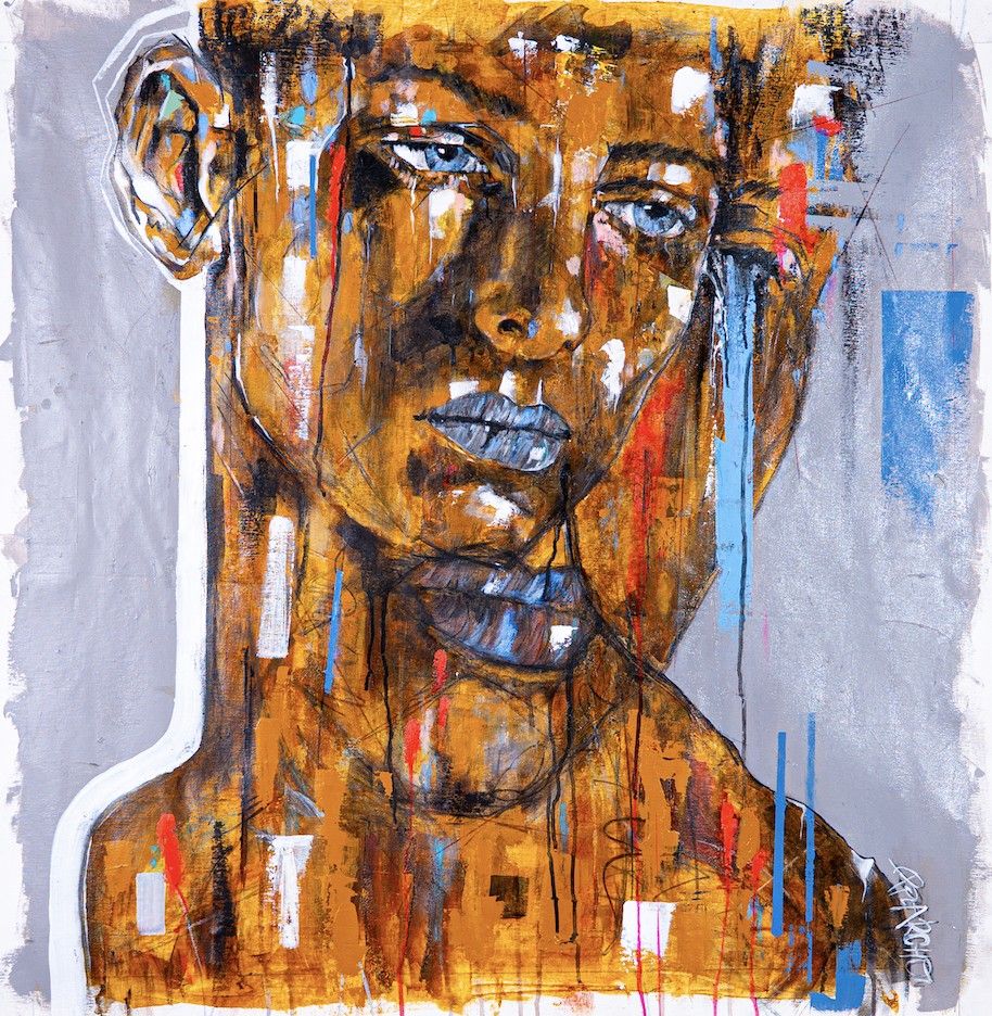 Agua Sucia 2, contemporary figurative painting by PilarchoArt: a face in ochre and burnt orange tones over a grey ground, with blue, red and pink drips on raw canvas.