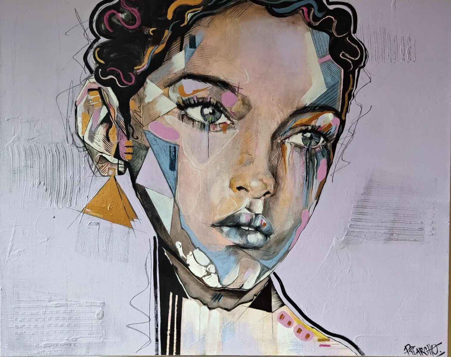 Aina, contemporary figurative portrait by PilarchoArt: a woman's face in pink, ochre and pale blue tones with charcoal lines over a soft lilac textured ground.
