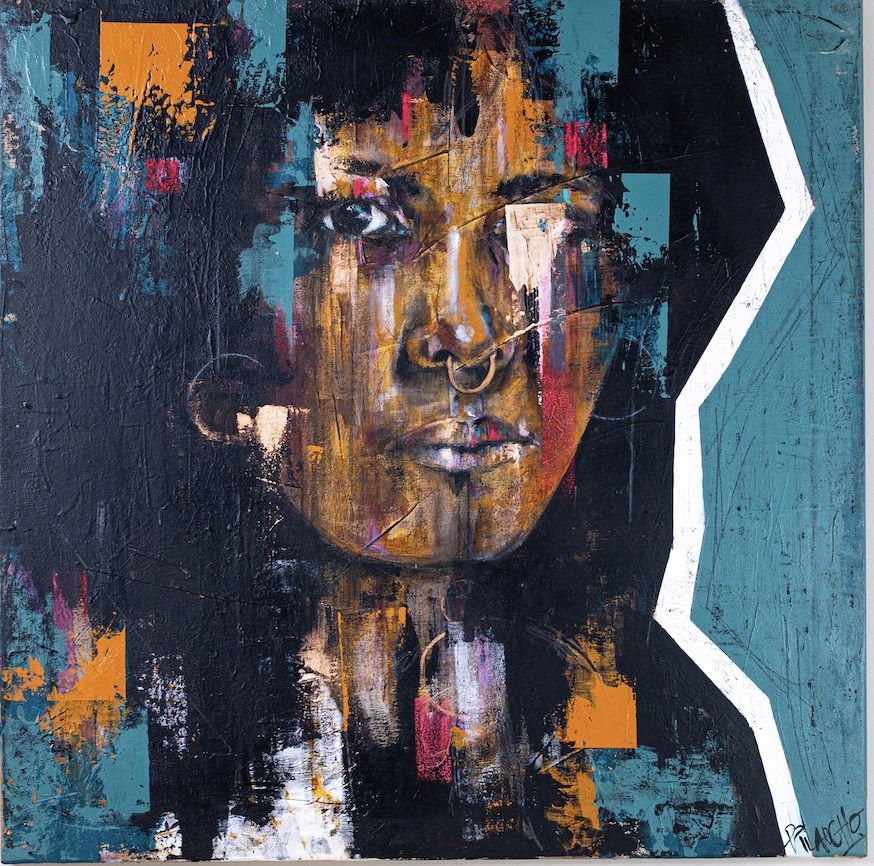 Alma, contemporary figurative painting by PilarchoArt: a face in ochre and gold tones over black and teal fields with orange, pink and white geometric accents.