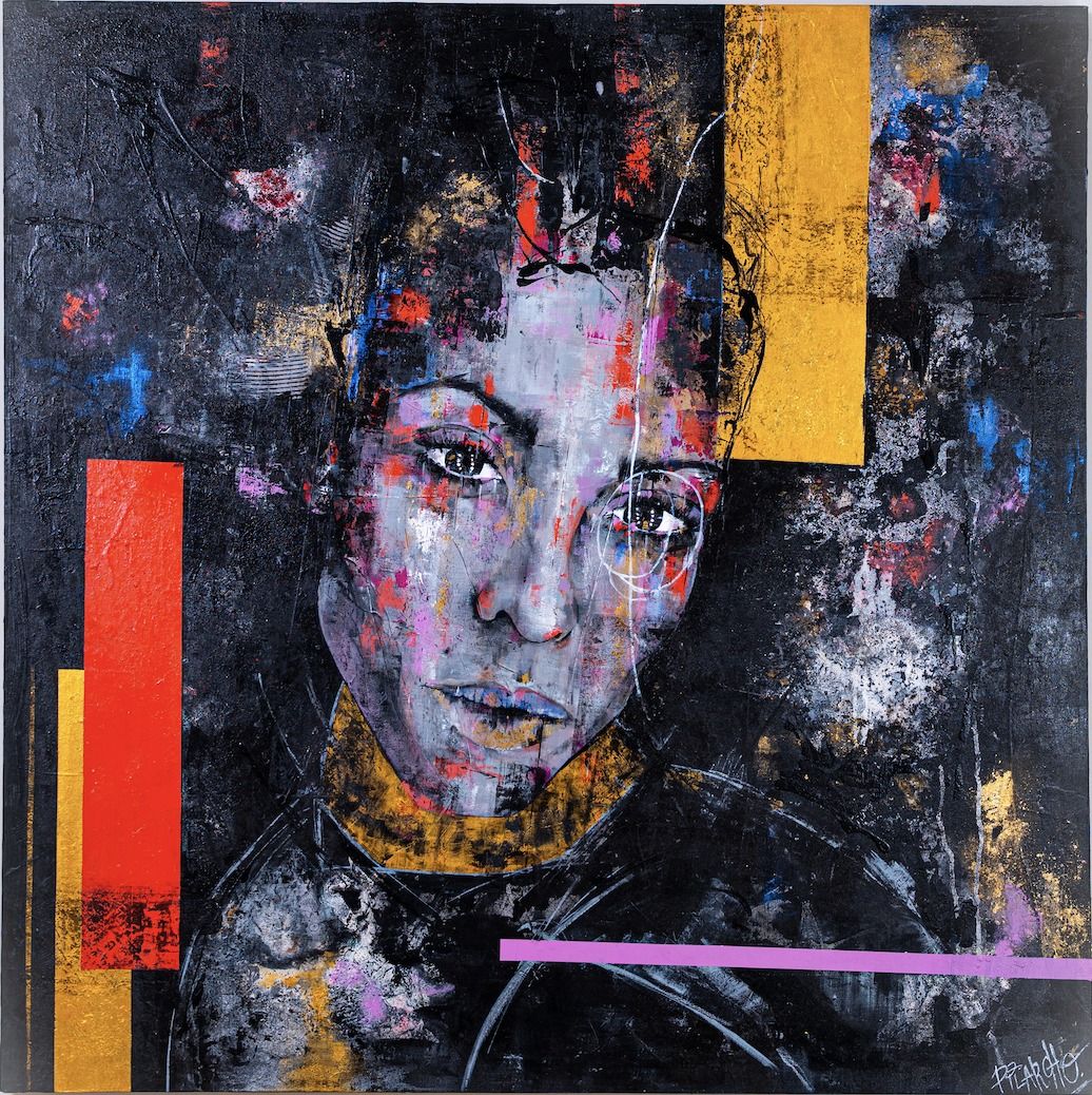 Amanda, contemporary figurative painting by PilarchoArt: a woman's face in grey, pink and red tones over a black textured ground, with yellow, red and violet geometric bands and gold leaf accents.