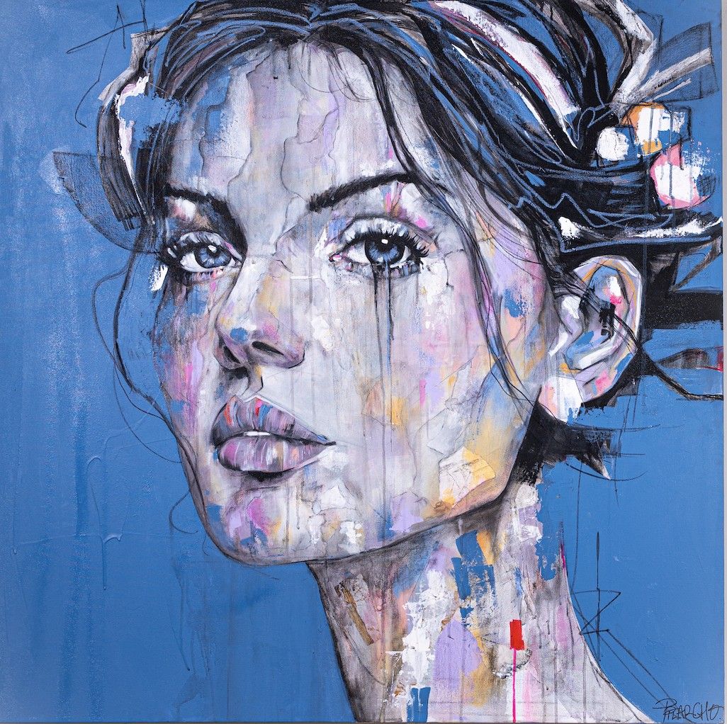 Amara, contemporary figurative painting by PilarchoArt: a woman's face in grey, lilac and pink tones over a cobalt blue ground, with black gestural lines and drips.