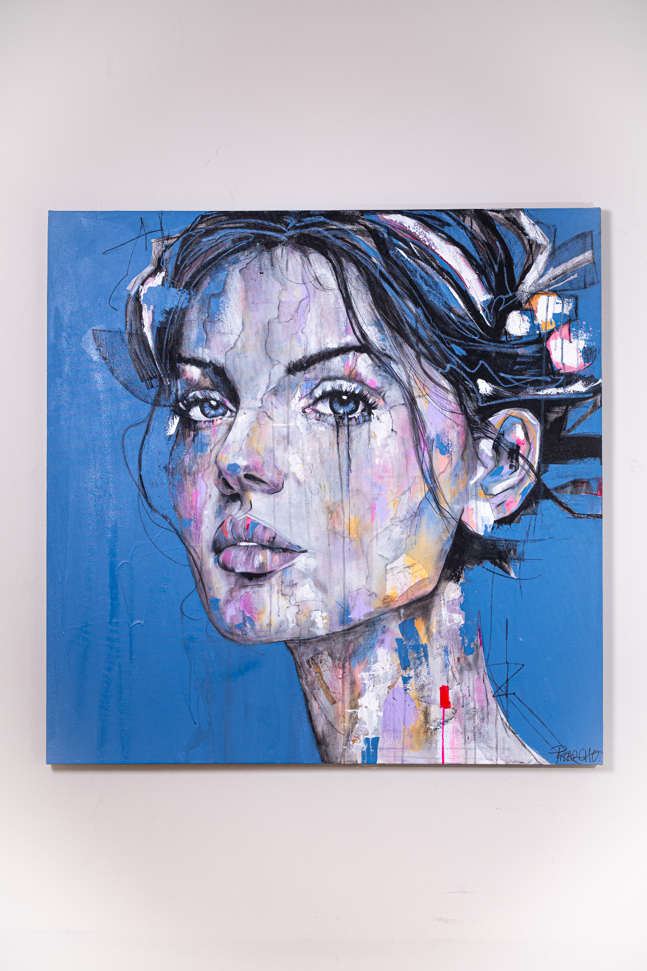 Amata — original female portrait by Pilarcho, acrylic and mixed media on canvas, 110 × 110 cm.