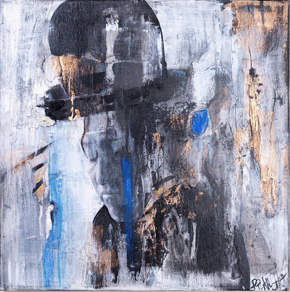 Cholita 2, contemporary figurative painting by PilarchoArt: a figure with a bowler hat in black, grey and silver tones with blue and gold accents over a textured white ground.