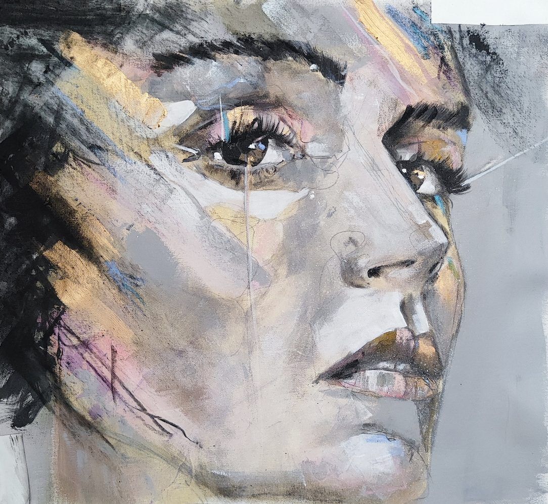 Fuego, contemporary figurative portrait by PilarchoArt: a woman's face in grey, ochre and copper tones with a tear and expressive charcoal gestures over a grey ground.