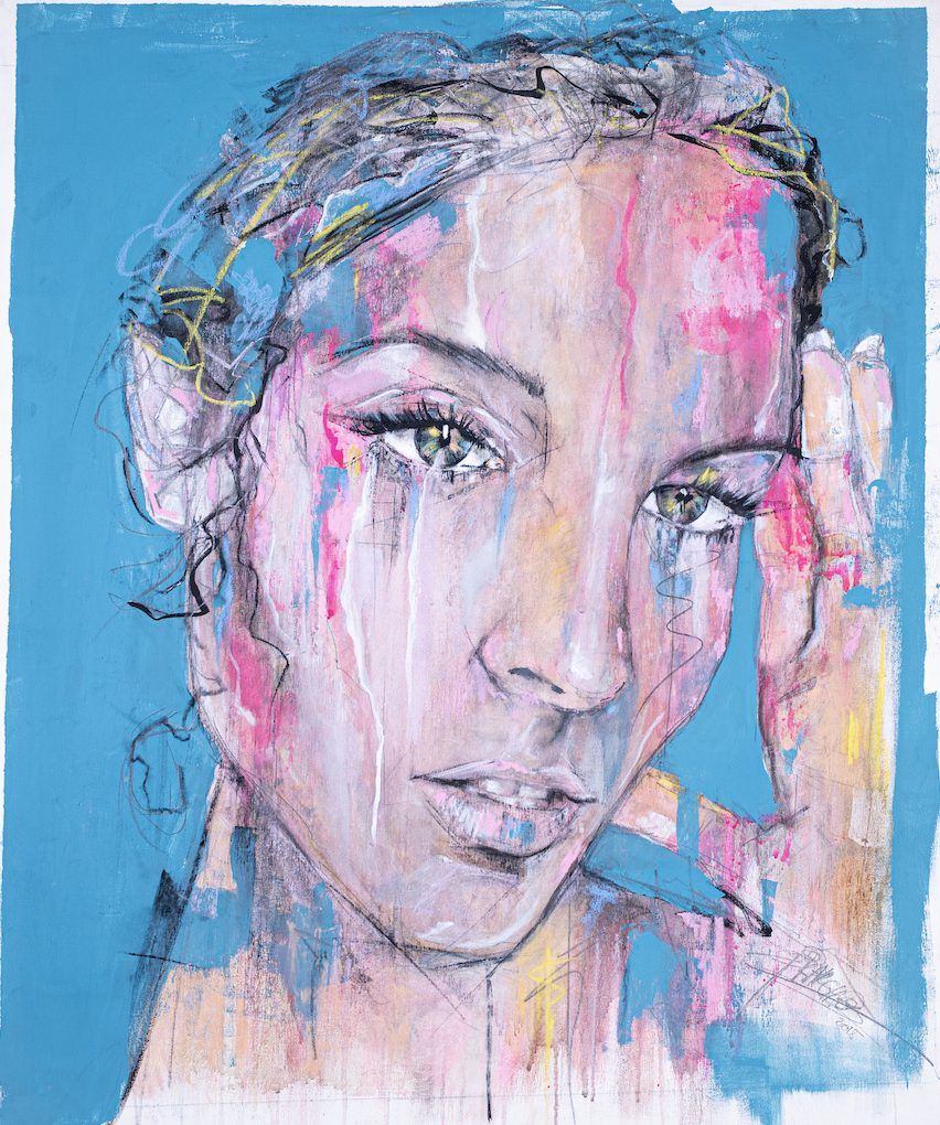 Karina, contemporary figurative portrait by PilarchoArt: a woman's face in pink, peach and white tones over a vivid blue ground, with charcoal lines and yellow accents.