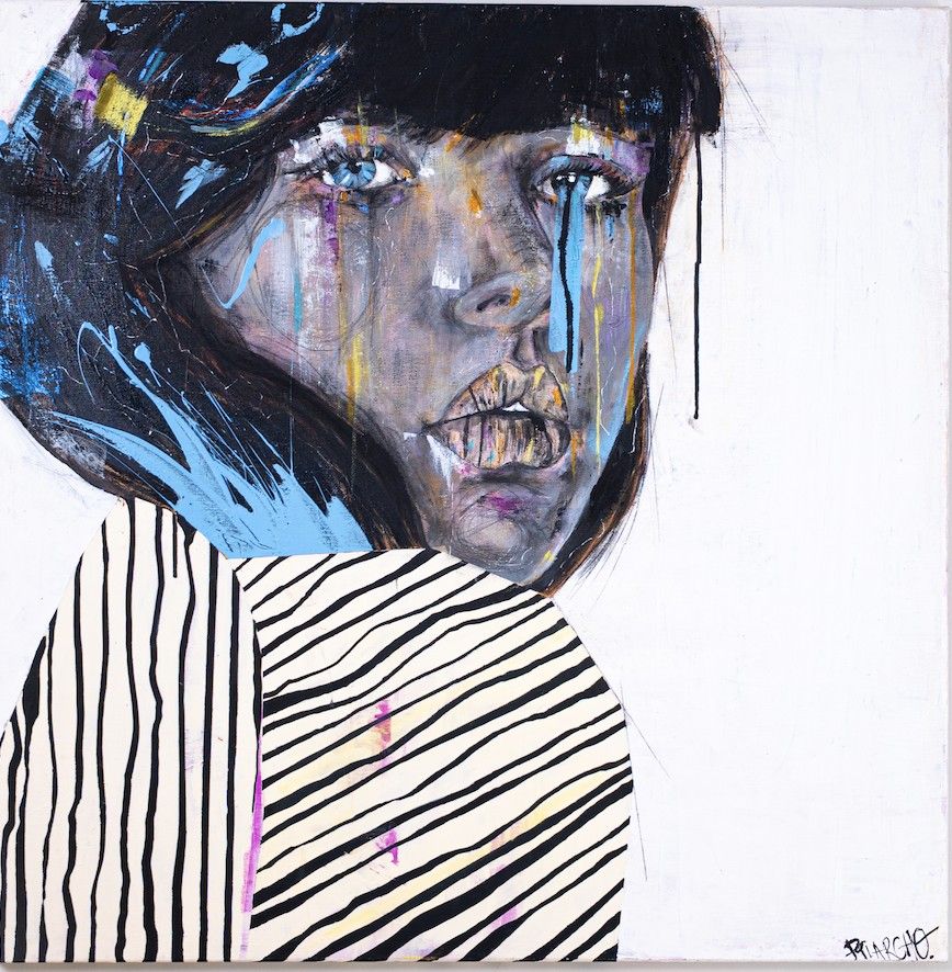 Lara, contemporary figurative painting by PilarchoArt: a female portrait with dark hair and blue tear-like drips over a white ground, wearing a black and cream striped garment.