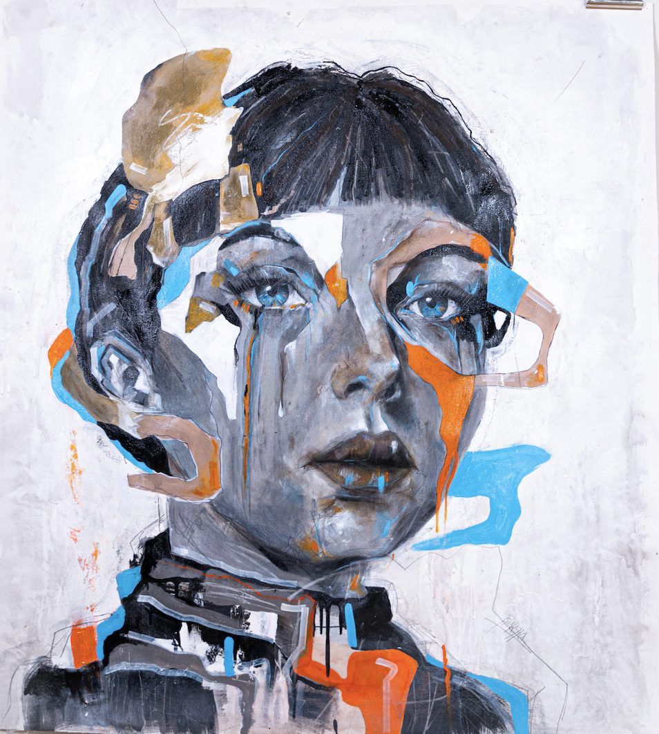 Maite, contemporary figurative portrait by PilarchoArt of a woman from the north of Spain, painted in acrylic and mixed media on canvas.