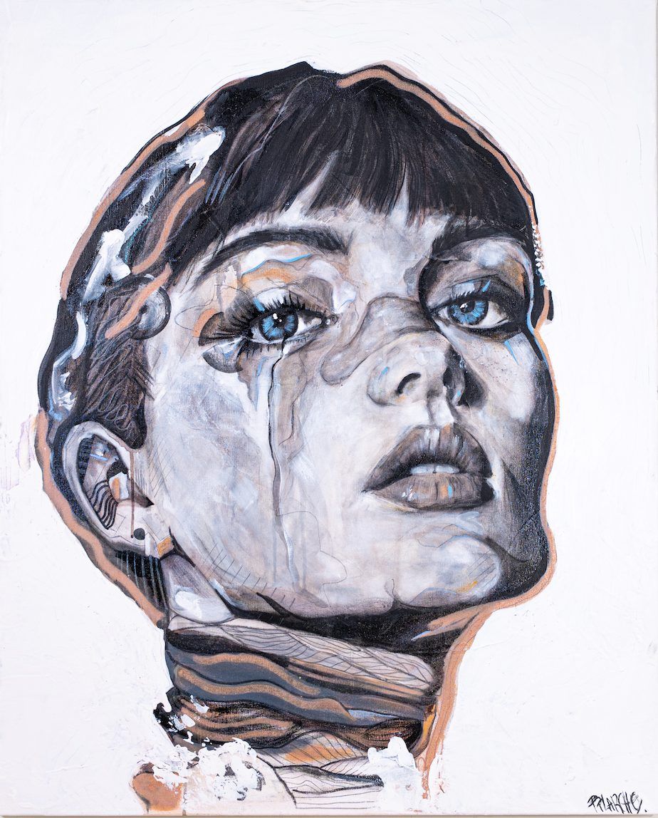 Mariana, contemporary figurative painting by PilarchoArt: a woman's face in grey and white tones outlined in orange over a white ground, with blue accents and black drips.