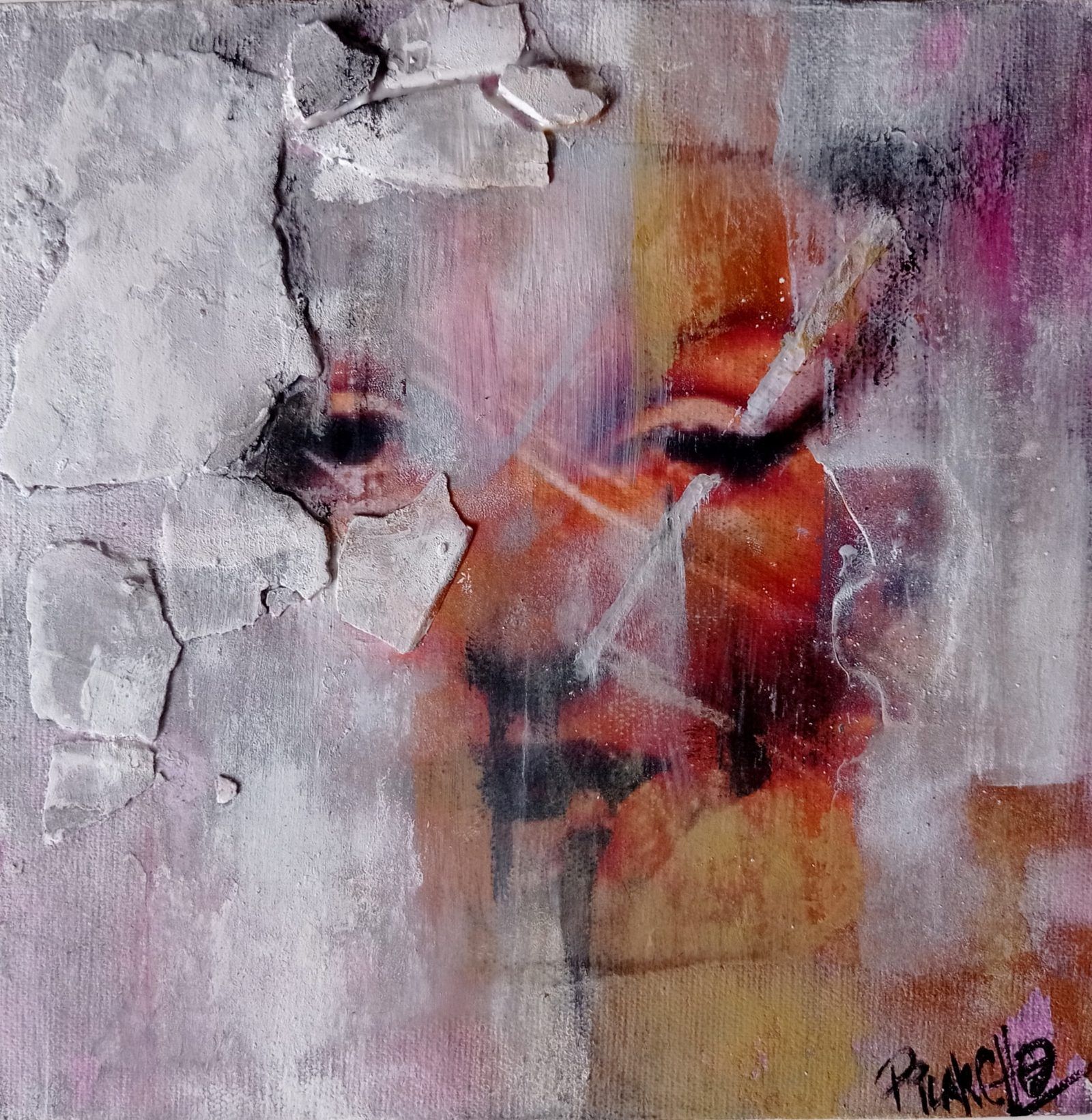 Meliryn, contemporary figurative portrait by PilarchoArt: a face emerging in orange, ochre and pink tones from a cracked white textured surface.