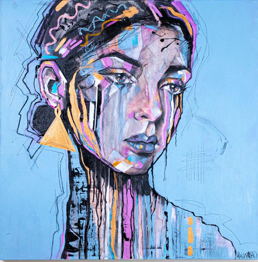 Nathy, contemporary figurative painting by PilarchoArt: a woman's face in grey, pink and violet tones over a light blue ground, with a gold triangular earring, orange accents and black drips.