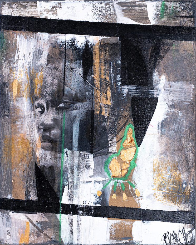 Omaira, contemporary figurative painting by PilarchoArt: a face in grey and black tones over a textured ground of white, brown and gold with black bands and a green and gold accent.