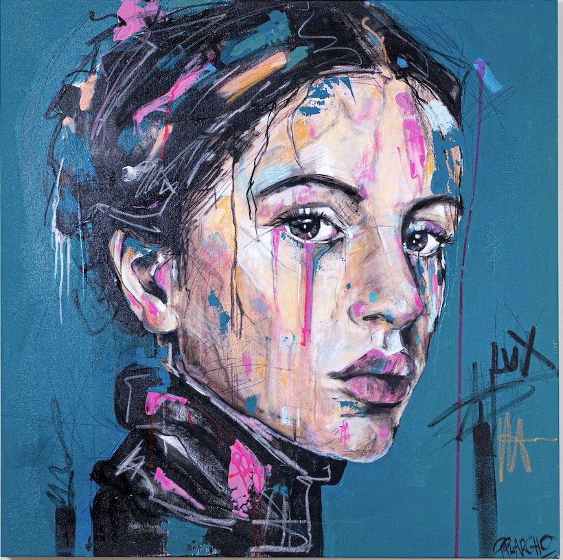 Rosalia LUX, contemporary figurative painting by PilarchoArt: a woman's face in warm skin tones with pink and turquoise drips over a deep teal ground, with the word LUX handwritten in black.