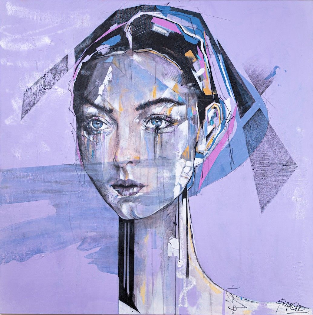 Yeri, contemporary figurative painting by PilarchoArt: a woman's face in grey and violet tones over a lilac ground, with blue, pink and black geometric planes and black drips.